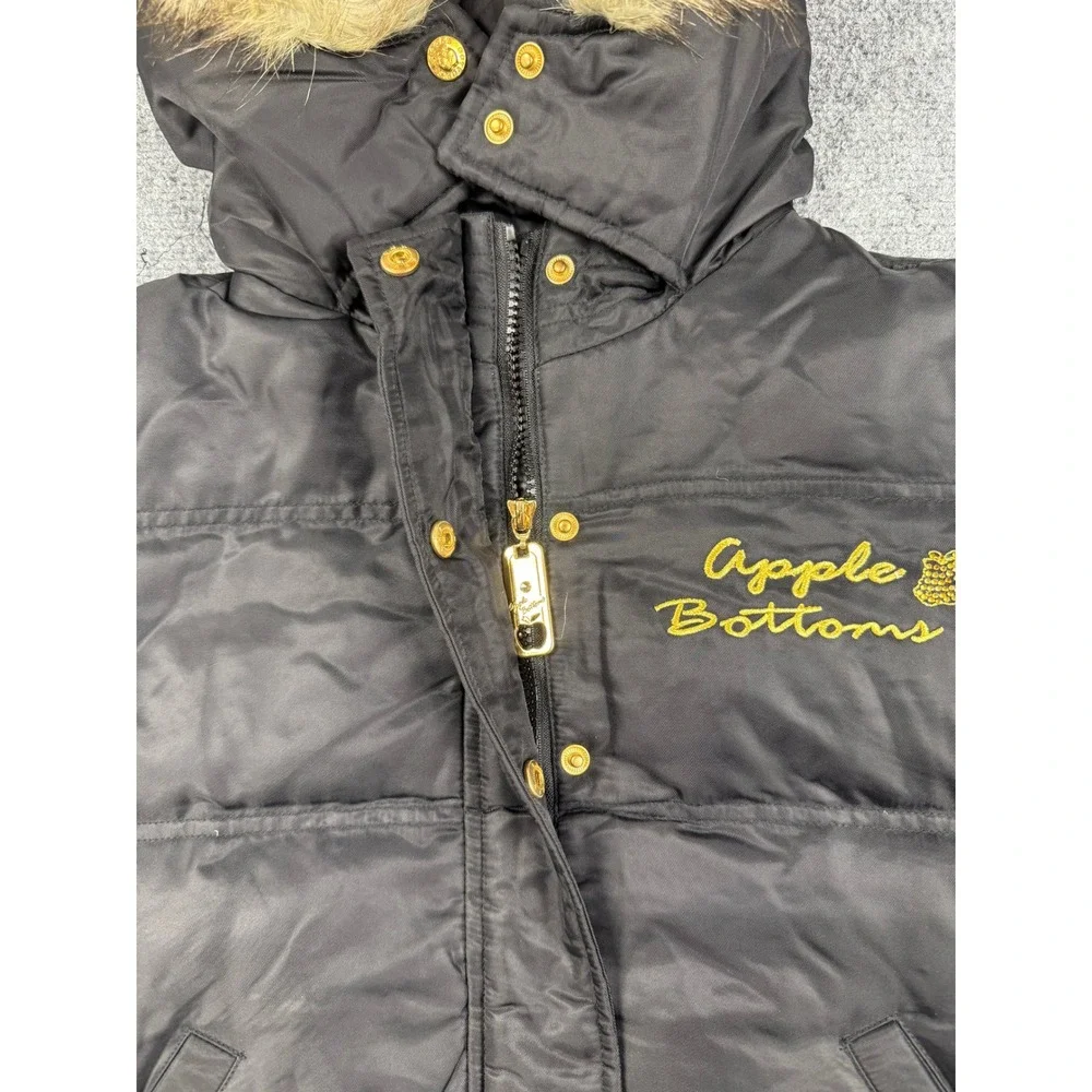 VTG‎ Apple Bottoms Puffer Jacket Black Fur Hood Zip Up Rhinestone Size L